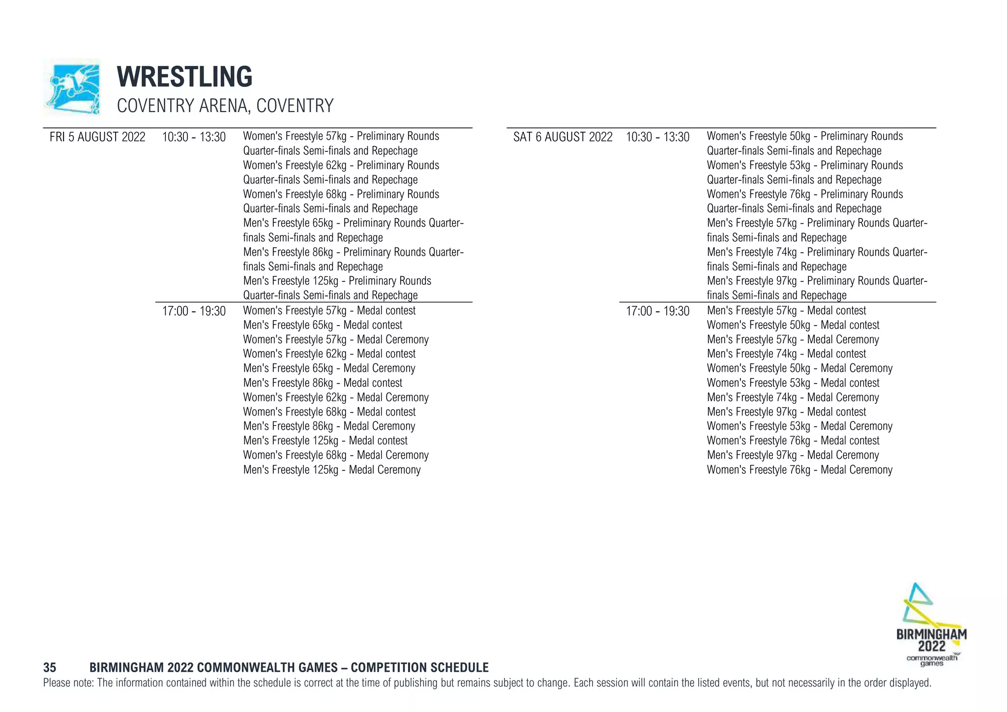 35 BIRMINGHAM 2022 COMMONWEALTH GAMES – COMPETITION SCHEDULE
Please note: The information contained within the schedule is correct at the time of publishing but remains subject to change. Each session will contain the listed events, but not necessarily in the order displayed.
WRESTLING
COVENTRY ARENA, COVENTRY
FRI 5 AUGUST 2022 10:30 - 13:30 Women's Freestyle 57kg - Preliminary Rounds
Quarter-finals Semi-finals and Repechage
Women's Freestyle 62kg - Preliminary Rounds
Quarter-finals Semi-finals and Repechage
Women's Freestyle 68kg - Preliminary Rounds
Quarter-finals Semi-finals and Repechage
Men's Freestyle 65kg - Preliminary Rounds Quarter-
finals Semi-finals and Repechage
Men's Freestyle 86kg - Preliminary Rounds Quarter-
finals Semi-finals and Repechage
Men's Freestyle 125kg - Preliminary Rounds
Quarter-finals Semi-finals and Repechage
17:00 - 19:30 Women's Freestyle 57kg - Medal contest
Men's Freestyle 65kg - Medal contest
Women's Freestyle 57kg - Medal Ceremony
Women's Freestyle 62kg - Medal contest
Men's Freestyle 65kg - Medal Ceremony
Men's Freestyle 86kg - Medal contest
Women's Freestyle 62kg - Medal Ceremony
Women's Freestyle 68kg - Medal contest
Men's Freestyle 86kg - Medal Ceremony
Men's Freestyle 125kg - Medal contest
Women's Freestyle 68kg - Medal Ceremony
Men's Freestyle 125kg - Medal Ceremony
SAT 6 AUGUST 2022 10:30 - 13:30 Women's Freestyle 50kg - Preliminary Rounds
Quarter-finals Semi-finals and Repechage
Women's Freestyle 53kg - Preliminary Rounds
Quarter-finals Semi-finals and Repechage
Women's Freestyle 76kg - Preliminary Rounds
Quarter-finals Semi-finals and Repechage
Men's Freestyle 57kg - Preliminary Rounds Quarter-
finals Semi-finals and Repechage
Men's Freestyle 74kg - Preliminary Rounds Quarter-
finals Semi-finals and Repechage
Men's Freestyle 97kg - Preliminary Rounds Quarter-
finals Semi-finals and Repechage
17:00 - 19:30 Men's Freestyle 57kg - Medal contest
Women's Freestyle 50kg - Medal contest
Men's Freestyle 57kg - Medal Ceremony
Men's Freestyle 74kg - Medal contest
Women's Freestyle 50kg - Medal Ceremony
Women's Freestyle 53kg - Medal contest
Men's Freestyle 74kg - Medal Ceremony
Men's Freestyle 97kg - Medal contest
Women's Freestyle 53kg - Medal Ceremony
Women's Freestyle 76kg - Medal contest
Men's Freestyle 97kg - Medal Ceremony
Women's Freestyle 76kg - Medal Ceremony
 