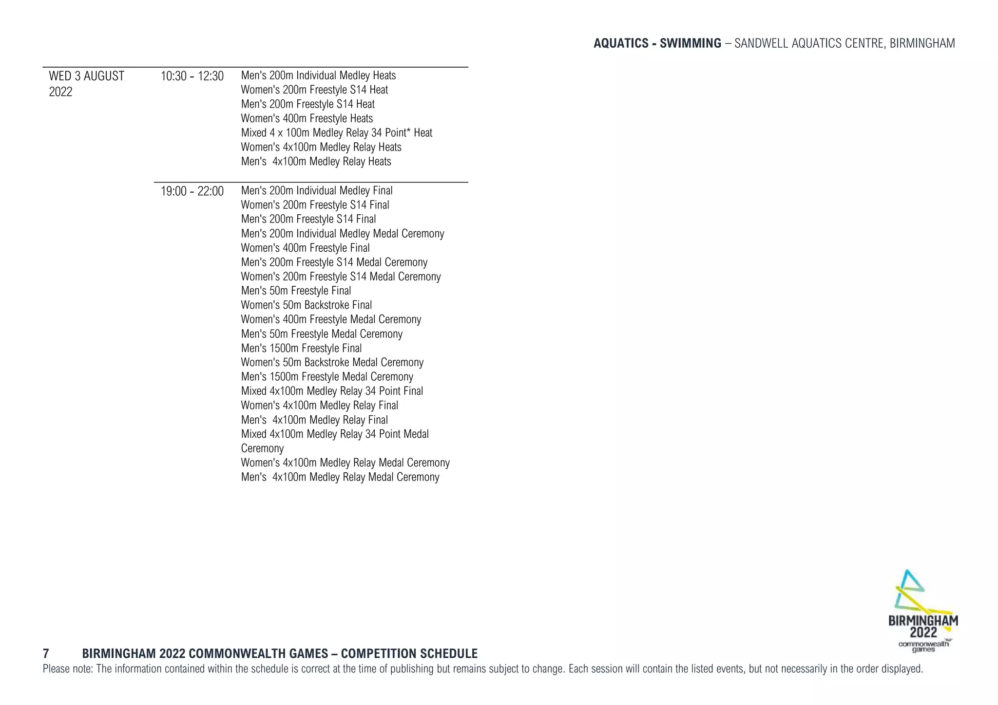 AQUATICS - SWIMMING SANDWELL AQUATICS CENTRE, BIRMINGHAM
7 BIRMINGHAM 2022 COMMONWEALTH GAMES – COMPETITION SCHEDULE
Please note: The information contained within the schedule is correct at the time of publishing but remains subject to change. Each session will contain the listed events, but not necessarily in the order displayed.
WED 3 AUGUST
2022
10:30 - 12:30 Men's 200m Individual Medley Heats
Women's 200m Freestyle S14 Heat
Men's 200m Freestyle S14 Heat
Women's 400m Freestyle Heats
Mixed 4 x 100m Medley Relay 34 Point* Heat
Women's 4x100m Medley Relay Heats
Men's 4x100m Medley Relay Heats
19:00 - 22:00 Men's 200m Individual Medley Final
Women's 200m Freestyle S14 Final
Men's 200m Freestyle S14 Final
Men's 200m Individual Medley Medal Ceremony
Women's 400m Freestyle Final
Men's 200m Freestyle S14 Medal Ceremony
Women's 200m Freestyle S14 Medal Ceremony
Men's 50m Freestyle Final
Women's 50m Backstroke Final
Women's 400m Freestyle Medal Ceremony
Men's 50m Freestyle Medal Ceremony
Men's 1500m Freestyle Final
Women's 50m Backstroke Medal Ceremony
Men's 1500m Freestyle Medal Ceremony
Mixed 4x100m Medley Relay 34 Point Final
Women's 4x100m Medley Relay Final
Men's 4x100m Medley Relay Final
Mixed 4x100m Medley Relay 34 Point Medal
Ceremony
Women's 4x100m Medley Relay Medal Ceremony
Men's 4x100m Medley Relay Medal Ceremony
 