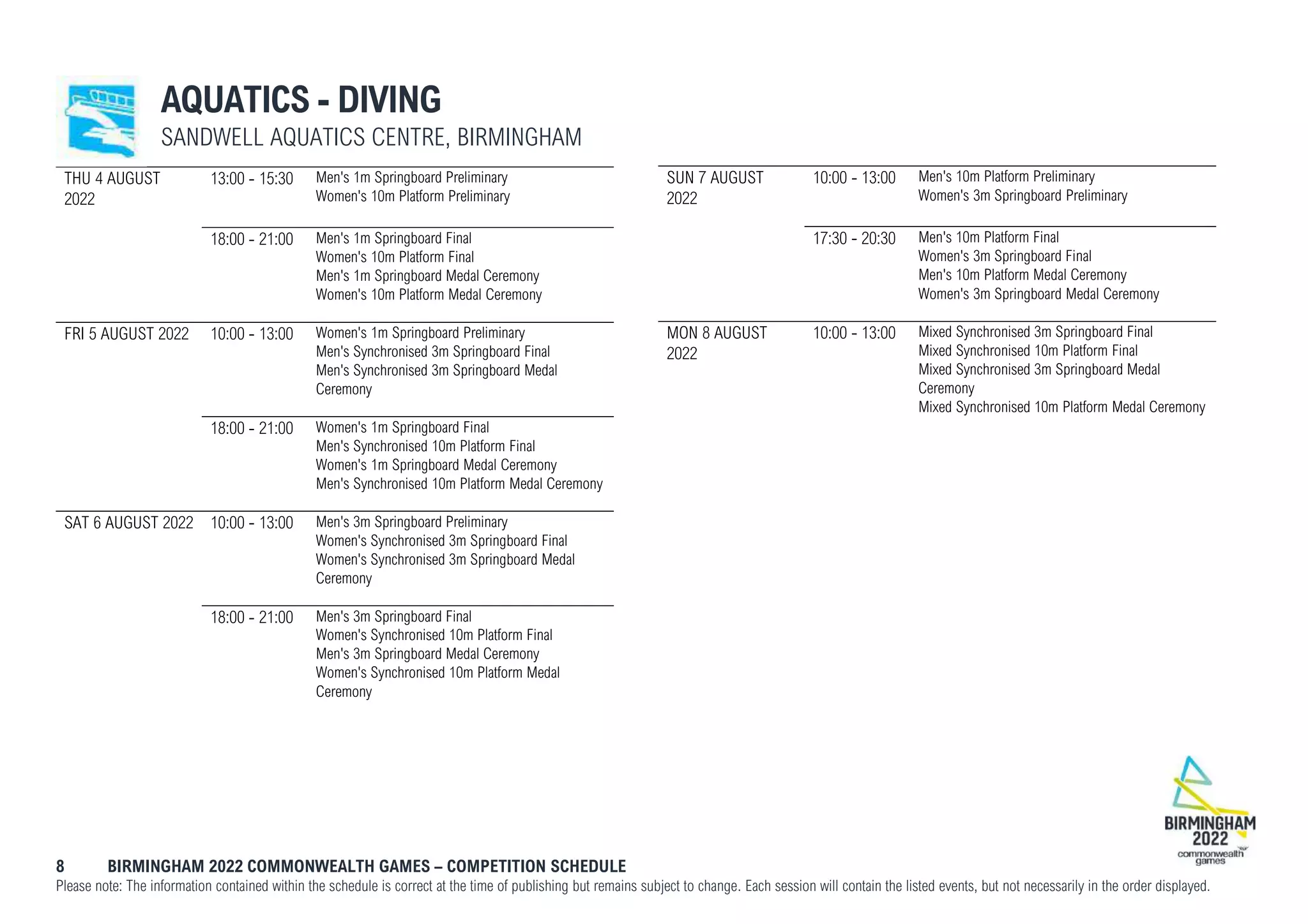 8 BIRMINGHAM 2022 COMMONWEALTH GAMES – COMPETITION SCHEDULE
Please note: The information contained within the schedule is correct at the time of publishing but remains subject to change. Each session will contain the listed events, but not necessarily in the order displayed.
AQUATICS - DIVING
SANDWELL AQUATICS CENTRE, BIRMINGHAM
THU 4 AUGUST
2022
13:00 - 15:30 Men's 1m Springboard Preliminary
Women's 10m Platform Preliminary
18:00 - 21:00 Men's 1m Springboard Final
Women's 10m Platform Final
Men's 1m Springboard Medal Ceremony
Women's 10m Platform Medal Ceremony
FRI 5 AUGUST 2022 10:00 - 13:00 Women's 1m Springboard Preliminary
Men's Synchronised 3m Springboard Final
Men's Synchronised 3m Springboard Medal
Ceremony
18:00 - 21:00 Women's 1m Springboard Final
Men's Synchronised 10m Platform Final
Women's 1m Springboard Medal Ceremony
Men's Synchronised 10m Platform Medal Ceremony
SAT 6 AUGUST 2022 10:00 - 13:00 Men's 3m Springboard Preliminary
Women's Synchronised 3m Springboard Final
Women's Synchronised 3m Springboard Medal
Ceremony
18:00 - 21:00 Men's 3m Springboard Final
Women's Synchronised 10m Platform Final
Men's 3m Springboard Medal Ceremony
Women's Synchronised 10m Platform Medal
Ceremony
SUN 7 AUGUST
2022
10:00 - 13:00 Men's 10m Platform Preliminary
Women's 3m Springboard Preliminary
17:30 - 20:30 Men's 10m Platform Final
Women's 3m Springboard Final
Men's 10m Platform Medal Ceremony
Women's 3m Springboard Medal Ceremony
MON 8 AUGUST
2022
10:00 - 13:00 Mixed Synchronised 3m Springboard Final
Mixed Synchronised 10m Platform Final
Mixed Synchronised 3m Springboard Medal
Ceremony
Mixed Synchronised 10m Platform Medal Ceremony
 