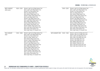 BOXING , BIRMINGHAM
15 BIRMINGHAM 2022 COMMONWEALTH GAMES – COMPETITION SCHEDULE
Please note: The information contained within the schedule is correct at the time of publishing but remains subject to change. Each session will contain the listed events, but not necessarily in the order displayed.
WED 3 AUGUST
2022 (cont.)
18:00 - 22:00 Women's Light Fly (45-48kg) Quarter-Final
Men's Light Fly (46-49kg) Quarter-Final
Women's Fly (51kg) Quarter-Final
Men's Fly (52kg) Quarter-Final
Men's Bantam (56kg) Quarter-Final
Women's Feather (57kg) Quarter-Final
Men's Light (60kg) Quarter-Final
Women's Light (60kg) Quarter-Final
Men's Light Welter (64kg) Quarter-Final
Men's Welter (69kg) Quarter-Final
Women's Welter (69kg) Quarter-Final
Men's Middle (75kg) Quarter-Final
Women's Middle (75kg) Quarter-Final
Men's Light Heavy (81kg) Quarter-Final
Men's Heavy (91kg) Quarter-Final
Men's Super Heavy (+91) Quarter-Final
THU 4 AUGUST
2022
12:00 - 16:00 Women's Light Fly (45-48kg) Quarter-Final
Men's Light Fly (46-49kg) Quarter-Final
Women's Fly (51kg) Quarter-Final
Men's Fly (52kg) Quarter-Final
Men's Bantam (56kg) Quarter-Final
Women's Feather (57kg) Quarter-Final
Men's Light (60kg) Quarter-Final
Women's Light (60kg) Quarter-Final
Men's Light Welter (64kg) Quarter-Final
Men's Welter (69kg) Quarter-Final
Women's Welter (69kg) Quarter-Final
Men's Middle (75kg) Quarter-Final
Women's Middle (75kg) Quarter-Final
Men's Light Heavy (81kg) Quarter-Final
Men's Heavy (91kg) Quarter-Final
Men's Super Heavy (+91) Quarter-Final
18:00 - 22:00 Women's Light Fly (45-48kg) Quarter-Final
Men's Light Fly (46-49kg) Quarter-Final
Women's Fly (51kg) Quarter-Final
Men's Fly (52kg) Quarter-Final
Men's Bantam (56kg) Quarter-Final
Women's Feather (57kg) Quarter-Final
Men's Light (60kg) Quarter-Final
Women's Light (60kg) Quarter-Final
Men's Light Welter (64kg) Quarter-Final
Men's Welter (69kg) Quarter-Final
Women's Welter (69kg) Quarter-Final
Men's Middle (75kg) Quarter-Final
Women's Middle (75kg) Quarter-Final
Men's Light Heavy (81kg) Quarter-Final
Men's Heavy (91kg) Quarter-Final
Men's Super Heavy (+91) Quarter-Final
SAT 6 AUGUST 2022 10:30 - 13:00 Women's Light Fly (45-48kg) Semi-Final
Women's Light Fly (45-48kg) Semi-Final
Men's Light Fly (46-49kg) Semi-Final
Men's Light Fly (46-49kg) Semi-Final
Women's Light (60kg) Semi-Final
Women's Light (60kg) Semi-Final
Men's Middle (75kg) Semi-Final
Men's Middle (75kg) Semi-Final
Men's Light Heavy (81kg) Semi-Final
Men's Light Heavy (81kg) Semi-Final
 