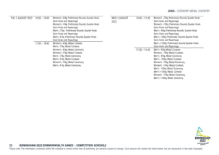 JUDO – COVENTRY ARENA, COVENTRY
23 BIRMINGHAM 2022 COMMONWEALTH GAMES – COMPETITION SCHEDULE
Please note: The information contained within the schedule is correct at the time of publishing but remains subject to change. Each session will contain the listed events, but not necessarily in the order displayed.
TUE 2 AUGUST 2022 10:00 - 15:00 Women's -63kg Preliminary Rounds Quarter-finals
Semi-finals and Repechage
Women's -70kg Preliminary Rounds Quarter-finals
Semi-finals and Repechage
Men's -73kg Preliminary Rounds Quarter-finals
Semi-finals and Repechage
Men's -81kg Preliminary Rounds Quarter-finals
Semi-finals and Repechage
17:00 - 19:45 Women's -63kg Medal Contests
Men's -73kg Medal Contests
Women's -63kg Medal Ceremony
Women's -70kg Medal Contests
Men's -73kg Medal Ceremony
Men's -81kg Medal Contests
Women's -70kg Medal Ceremony
Men's -81kg Medal Ceremony
WED 3 AUGUST
2022
10:00 - 14:30 Women's -78kg Preliminary Rounds Quarter-finals
Semi-finals and Repechage
Women's +78kg Preliminary Rounds Quarter-finals
Semi-finals and Repechage
Men's -90kg Preliminary Rounds Quarter-finals
Semi-finals and Repechage
Men's -100kg Preliminary Rounds Quarter-finals
Semi-finals and Repechage
Men's +100kg Preliminary Rounds Quarter-finals
Semi-finals and Repechage
17:00 - 19:45 Men's -90kg Medal Contests
Women's -78kg Medal Contests
Men's -90kg Medal Ceremony
Men's -100kg Medal Contests
Women's -78kg Medal Ceremony
Women's +78kg Medal Contests
Men's -100kg Medal Ceremony
Men's +100kg Medal Contests
Women's +78kg Medal Ceremony
Men's +100kg Medal Ceremony
 