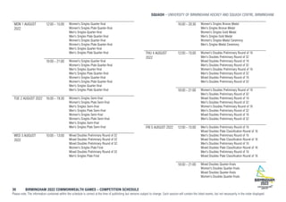 SQUASH UNIVERSITY OF BIRMINGHAM HOCKEY AND SQUASH CENTRE, BIRMINGHAM
30 BIRMINGHAM 2022 COMMONWEALTH GAMES – COMPETITION SCHEDULE
Please note: The information contained within the schedule is correct at the time of publishing but remains subject to change. Each session will contain the listed events, but not necessarily in the order displayed.
MON 1 AUGUST
2022
12:00 - 15:00 Women's Singles Quarter-final
Women's Singles Plate Quarter-final
Men's Singles Quarter-final
Men's Singles Plate Quarter-final
Women's Singles Quarter-final
Women's Singles Plate Quarter-final
Men's Singles Quarter-final
Men's Singles Plate Quarter-final
18:00 - 21:00 Women's Singles Quarter-final
Women's Singles Plate Quarter-final
Men's Singles Quarter-final
Men's Singles Plate Quarter-final
Women's Singles Quarter-final
Women's Singles Plate Quarter-final
Men's Singles Quarter-final
Men's Singles Plate Quarter-final
TUE 2 AUGUST 2022 16:00 - 19:30 Women's Singles Semi-final
Women's Singles Plate Semi-final
Men's Singles Semi-final
Men's Singles Plate Semi-final
Women's Singles Semi-final
Women's Singles Plate Semi-final
Men's Singles Semi-final
Men's Singles Plate Semi-final
WED 3 AUGUST
2022
10:00 - 13:00 Mixed Doubles Preliminary Round of 32
Mixed Doubles Preliminary Round of 32
Mixed Doubles Preliminary Round of 32
Women's Singles Plate Final
Mixed Doubles Preliminary Round of 32
Men's Singles Plate Final
16:00 - 20:30 Women's Singles Bronze Medal
Men's Singles Bronze Medal
Women's Singles Gold Medal
Men's Singles Gold Medal
Women's Singles Medal Ceremony
Men's Singles Medal Ceremony
THU 4 AUGUST
2022
12:00 - 15:00 Women's Doubles Preliminary Round of 16
Men's Doubles Preliminary Round of 32
Mixed Doubles Preliminary Round of 16
Men's Doubles Preliminary Round of 32
Women's Doubles Preliminary Round of 16
Men's Doubles Preliminary Round of 32
Mixed Doubles Preliminary Round of 16
Men's Doubles Preliminary Round of 32
18:00 - 21:00 Women's Doubles Preliminary Round of 16
Men's Doubles Preliminary Round of 32
Mixed Doubles Preliminary Round of 16
Men's Doubles Preliminary Round of 32
Women's Doubles Preliminary Round of 16
Men's Doubles Preliminary Round of 32
Mixed Doubles Preliminary Round of 16
Men's Doubles Preliminary Round of 32
FRI 5 AUGUST 2022 12:00 - 15:00 Men's Doubles Preliminary Round of 16
Mixed Doubles Plate Classification Round of 16
Men's Doubles Preliminary Round of 16
Mixed Doubles Plate Classification Round of 16
Men's Doubles Preliminary Round of 16
Mixed Doubles Plate Classification Round of 16
Men's Doubles Preliminary Round of 16
Mixed Doubles Plate Classification Round of 16
18:00 - 21:00 Mixed Doubles Quarter-finals
Women's Doubles Quarter-finals
Mixed Doubles Quarter-finals
Women's Doubles Quarter-finals
 