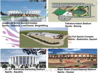 Jawaharlal Nehru Sports Complex
Sports - Athletics, Lawn bowls, Weightlifting
    
Dr. S.P. Mukherjee Swimming Stadium
Sports - Aquatics
Talkatora Indoor Stadium
Sports - Boxing
    
Major Dhyan Chand National Stadium
Sports - Hockey
Siri Fort Sports Complex
Sports - Badminton, Squash
    
 