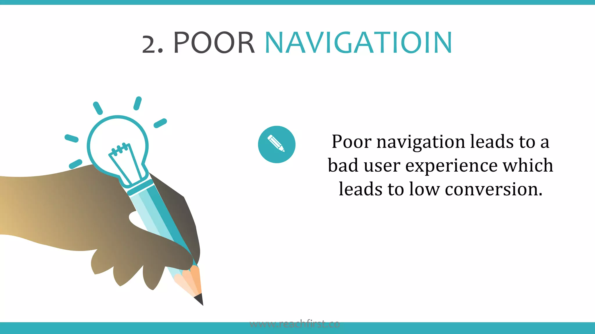 2. POOR NAVIGATIOIN
Poor navigation leads to a
bad user experience which
leads to low conversion.
www.reachfirst.co
 