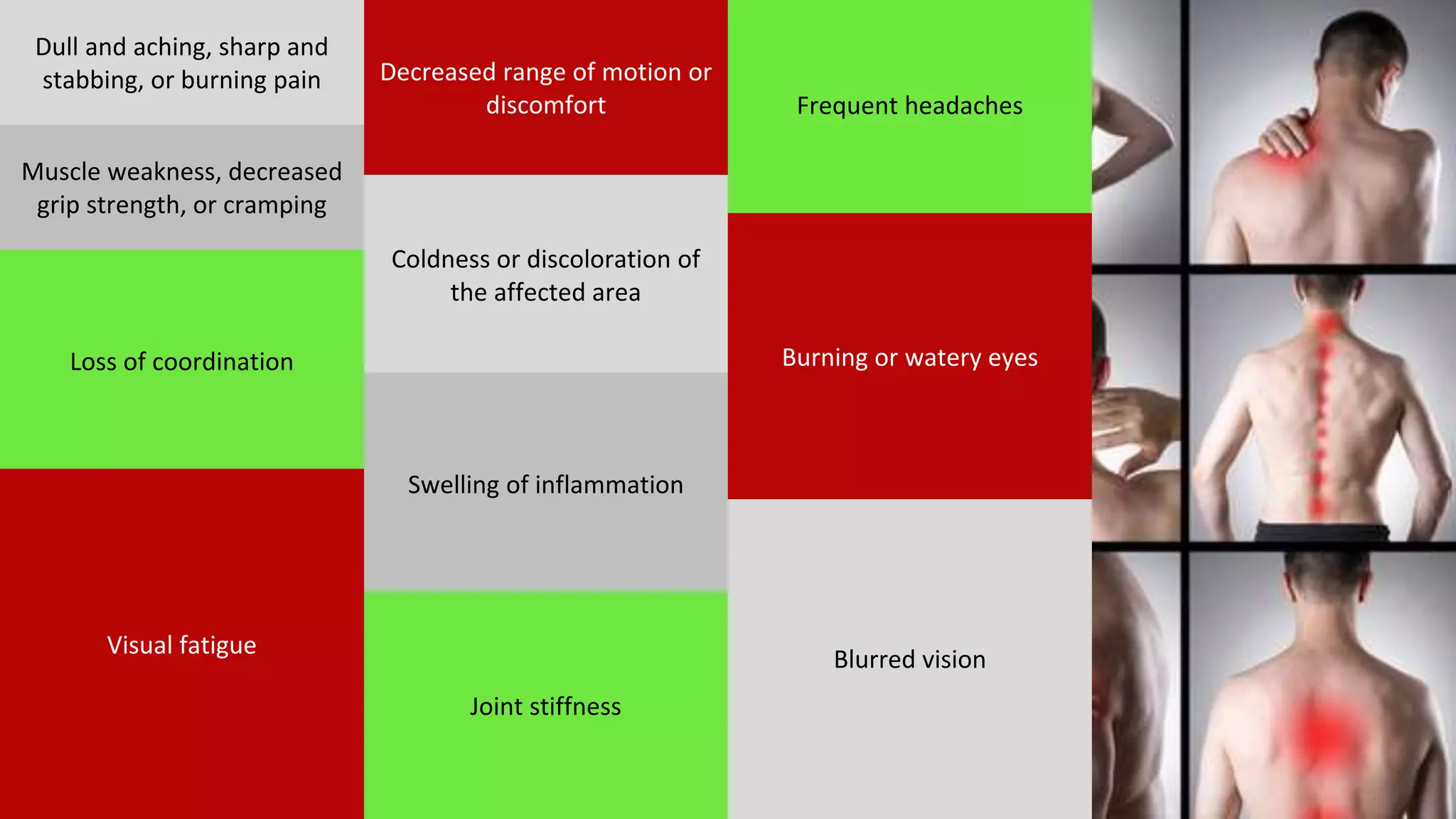 Dull and aching, sharp and
stabbing, or burning pain
Muscle weakness, decreased
grip strength, or cramping
Loss of coordination
Decreased range of motion or
discomfort
Coldness or discoloration of
the affected area
Swelling of inflammation
Joint stiffness
Visual fatigue
Blurred vision
Frequent headaches
Burning or watery eyes
 