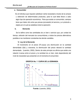 [Escriba aquí]
¿El Mercado de Competencia Perfecta Existe?
a. Consumidor
Es el individuo que requiere satisfacer cierta necesidad a través de la compra
u obtención de determinados productos, para lo cual debe llevar a cabo
algún tipo de operación económica. Para que exista un consumidor, siempre
tiene que haber otro ente que prevea (proveedor) el servicio y un producto u
objeto por el cual se establece toda la operación.
b. Demanda
Se le define como las cantidades de un bien o servicio que, por unidad de
tiempo, retirarán del mercado los consumidores, a todos los precios alternativos
posibles si se mantienen constantes las demás variables.
1) Ley de la Demanda
El incremento en el precio (P) causa una disminución en la cantidad
demandada (Qd) y viceversa, la disminución del precio elevará la cantidad
demandada. (Leandro, 2002). Dentro de este principio se afirma que existe una
relación inversa entre el precio y la cantidad de un bien, todo dependiendo del
nivel de necesidad que presenten en el momento el consumidor.
GRÁFICA No. 1 CURVA DE LA DEMANDA
Fuente: (Leandro, 2002)
6
 