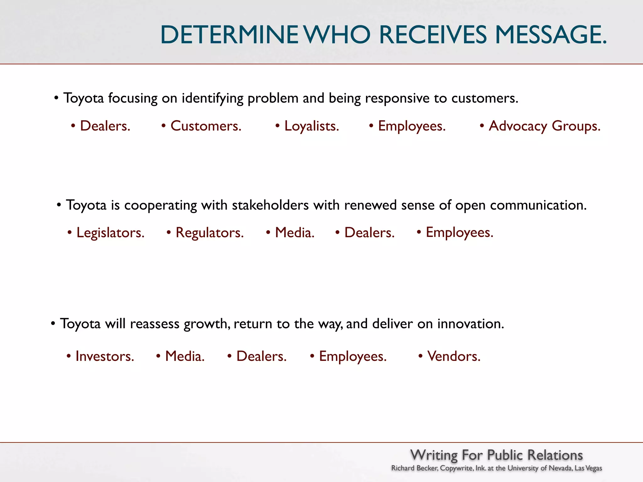 DETERMINE WHO RECEIVES MESSAGE.

• Toyota focusing on identifying problem and being responsive to customers.
   • Dealers.      • Customers.      • Loyalists.    • Employees.                      • Advocacy Groups.




• Toyota is cooperating with stakeholders with renewed sense of open communication.
  • Legislators.    • Regulators.   • Media.    • Dealers.        • Employees.




• Toyota will reassess growth, return to the way, and deliver on innovation.

  • Investors.     • Media.   • Dealers.   • Employees.           • Vendors.




                                                                Writing For Public Relations
                                                          Richard Becker, Copywrite, Ink. at the University of Nevada, Las Vegas
 