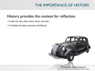THE IMPORTANCE OF HISTORY.

History provides the context for reﬂection.
• It tells the who, what, when, where, and why.
• It includes all major successes and failures.




                                                        Writing For Public Relations
                                                  Richard Becker, Copywrite, Ink. at the University of Nevada, Las Vegas
 