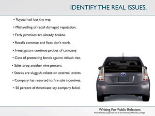IDENTIFY THE REAL ISSUES.
 • Toyota had lost the way.

• Mishandling of recall damaged reputation.

• Early promises are already broken.

• Recalls continue and ﬁxes don’t work.

• Investigators continue probes of company.

• Cost of protecting bonds against default rise.

• Sales drop another nine percent.

• Stocks are sluggish, reliant on external events.

• Company has resorted to ﬁre sale incentives.

• 55 percent of Americans say company failed.




                                                           Writing For Public Relations
                                                     Richard Becker, Copywrite, Ink. at the University of Nevada, Las Vegas
 