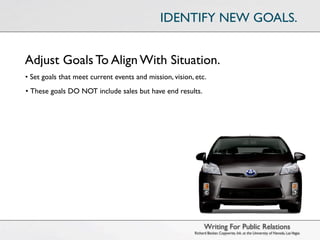 IDENTIFY NEW GOALS.


Adjust Goals To Align With Situation.
• Set goals that meet current events and mission, vision, etc.
• These goals DO NOT include sales but have end results.




                                                                Writing For Public Relations
                                                          Richard Becker, Copywrite, Ink. at the University of Nevada, Las Vegas
 