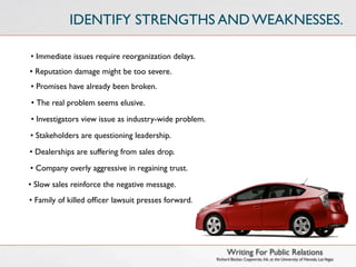 IDENTIFY STRENGTHS AND WEAKNESSES.

• Immediate issues require reorganization delays.
• Reputation damage might be too severe.
• Promises have already been broken.
• The real problem seems elusive.
• Investigators view issue as industry-wide problem.
• Stakeholders are questioning leadership.
• Dealerships are suffering from sales drop.
• Company overly aggressive in regaining trust.
• Slow sales reinforce the negative message.
• Family of killed ofﬁcer lawsuit presses forward.




                                                             Writing For Public Relations
                                                       Richard Becker, Copywrite, Ink. at the University of Nevada, Las Vegas
 