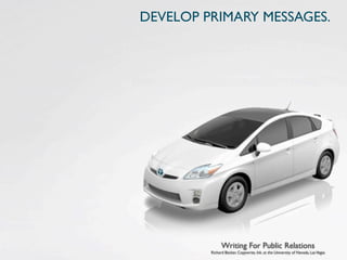 DEVELOP PRIMARY MESSAGES.




               Writing For Public Relations
         Richard Becker, Copywrite, Ink. at the University of Nevada, Las Vegas
 