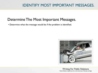 IDENTIFY MOST IMPORTANT MESSAGES.


Determine The Most Important Messages.
• Determine what the message would be if the problem is identiﬁed.




                                                           Writing For Public Relations
                                                     Richard Becker, Copywrite, Ink. at the University of Nevada, Las Vegas
 