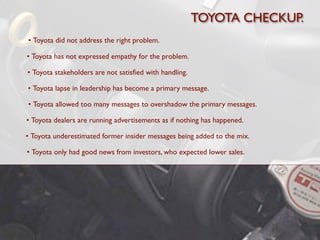 TOYOTA CHECKUP.
• Toyota did not address the right problem.

• Toyota has not expressed empathy for the problem.

• Toyota stakeholders are not satisﬁed with handling.

• Toyota lapse in leadership has become a primary message.

• Toyota allowed too many messages to overshadow the primary messages.

• Toyota dealers are running advertisements as if nothing has happened.

• Toyota underestimated former insider messages being added to the mix.

• Toyota only had good news from investors, who expected lower sales.
 