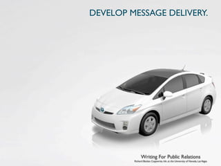 DEVELOP MESSAGE DELIVERY.




               Writing For Public Relations
         Richard Becker, Copywrite, Ink. at the University of Nevada, Las Vegas
 