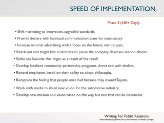 SPEED OF IMPLEMENTATION.
                                                                        Phase 3 (180+ Days).

 • Shift marketing to innovation, upgraded standards.
 • Provide dealers with localized communication plans for consistency.
• Increase national advertising with a focus on the future, not the past.
• Reach out and target lost customers to prove the company deserves second chance.
• Settle any lawsuits that linger as a result of the recall.
• Develop localized community partnership programs, direct and with dealers.
• Reward employees based on their ability to adopt philosophy.
• Recapture the feeling that people once had because they owned Toyota.

• Work with media to share new vision for the automotive industry.
• Develop new mission and vision based on the way, but one that can be obtainable.




                                                                     Writing For Public Relations
                                                               Richard Becker, Copywrite, Ink. at the University of Nevada, Las Vegas
 
