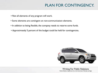 PLAN FOR CONTINGENCY.

• Not all elements of any program will work.

• Some elements are contingent on non-communication elements.

• In addition to being ﬂexible, the company needs to reserve some funds.

• Approximately 5 percent of the budget could be held for contingencies.




                                                          Writing For Public Relations
                                                    Richard Becker, Copywrite, Ink. at the University of Nevada, Las Vegas
 