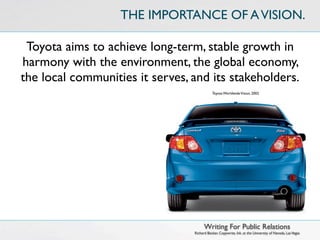 THE IMPORTANCE OF A VISION.

 Toyota aims to achieve long-term, stable growth in
harmony with the environment, the global economy,
the local communities it serves, and its stakeholders.
                                            Toyota Worldwide Vision, 2003




                                       Writing For Public Relations
                                 Richard Becker, Copywrite, Ink. at the University of Nevada, Las Vegas
 