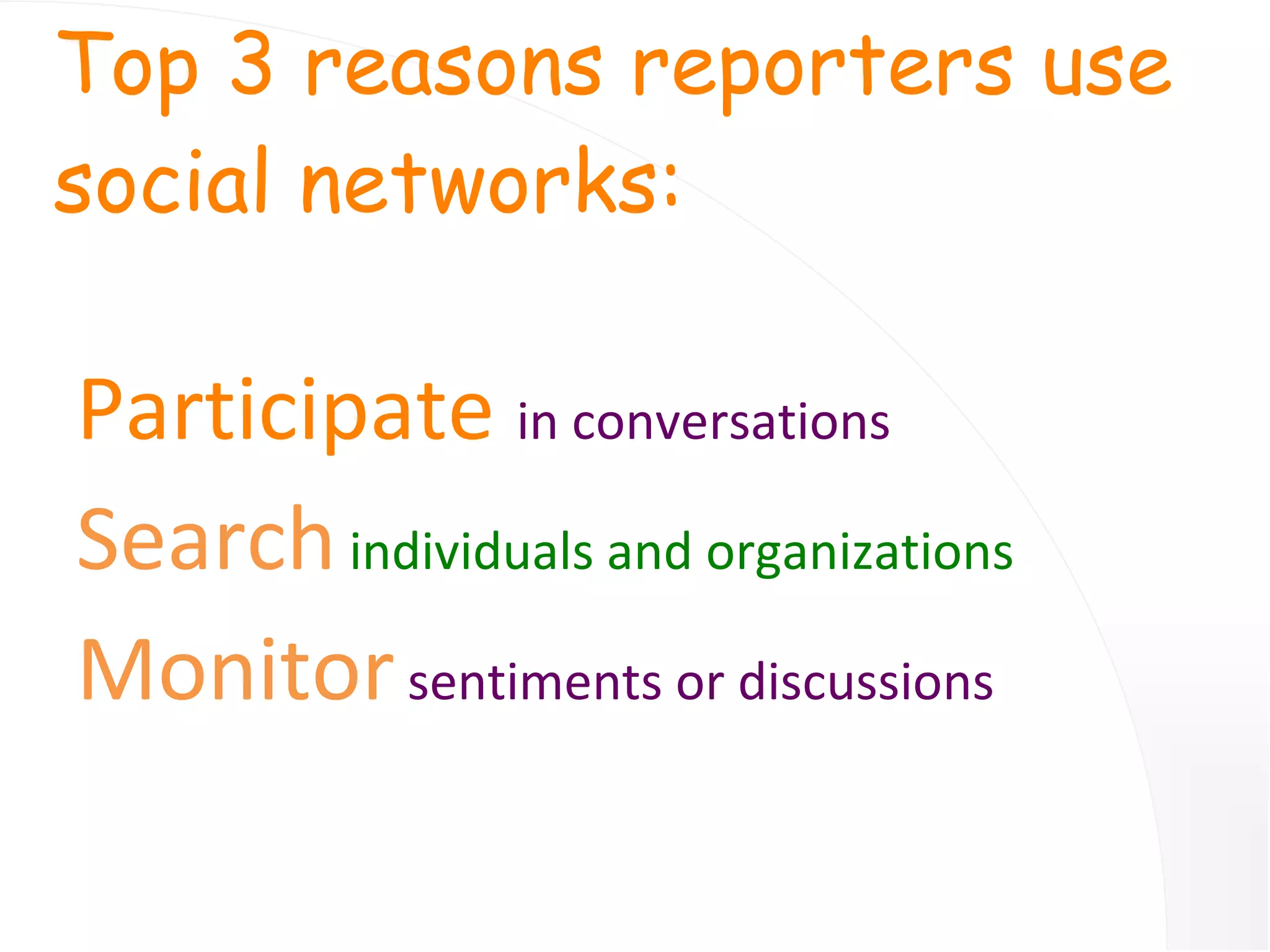 Top 3 reasons reporters use social networks: Participate   in conversations Search   individuals and organizations Monitor   sentiments or discussions 