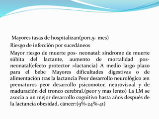 Mayores tasas de hospitalizan(por1,5- mes)
Riesgo de infección por sucedáneos
Mayor riesgo de muerte pos- neonatal: síndrome de muerte
súbita del lactante, aumento de mortalidad pos-
neonatal(efecto protector >lactancia) A medio largo plazo
para el bebe Mayores dificultades digestivas o de
alimentación tras la lactancia Peor desarrollo neurológico :en
prematuros peor desarrollo psicomotor, neurovisual y de
maduración del tronco cerebral.(peor y mas lento) La LM se
asocia a un mejor desarrollo cognitivo hasta años después de
la lactancia obesidad, cáncer:(9%-24%-41)
 