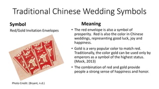 Traditional Chinese Wedding Symbols
Symbol
Red/Gold Invitation Envelopes
Meaning
• The red envelope is also a symbol of
prosperity. Red is also the color in Chinese
weddings, representing good luck, joy and
happiness.
• Gold is a very popular color to match red.
Traditionally, the color gold can be used only by
emperors as a symbol of the highest status.
(Mock, 2013)
• The combination of red and gold provide
people a strong sense of happiness and honor.
Photo Credit: (Bryant, n.d.)
 