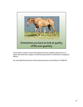 Call	
  to	
  Ac)on:	
  Explain	
  to	
  those	
  who	
  oppose	
  American	
  slaughter	
  plants	
  why	
  it	
  is	
  a	
  
be&er	
  alterna)ve	
  then	
  neglect,	
  and	
  why	
  having	
  US	
  plants	
  is	
  preferable	
  to	
  shipping	
  to	
  
Mexico.	
  	
  
	
  
Shi_stock	
  (NA)	
  Retrieved	
  from	
  h&p://www.deviantart.com/art/Red-­‐5-­‐175585319	
  
17	
  
 