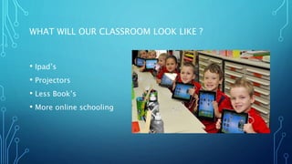 WHAT WILL OUR CLASSROOM LOOK LIKE ?
• Ipad’s
• Projectors
• Less Book’s
• More online schooling
 