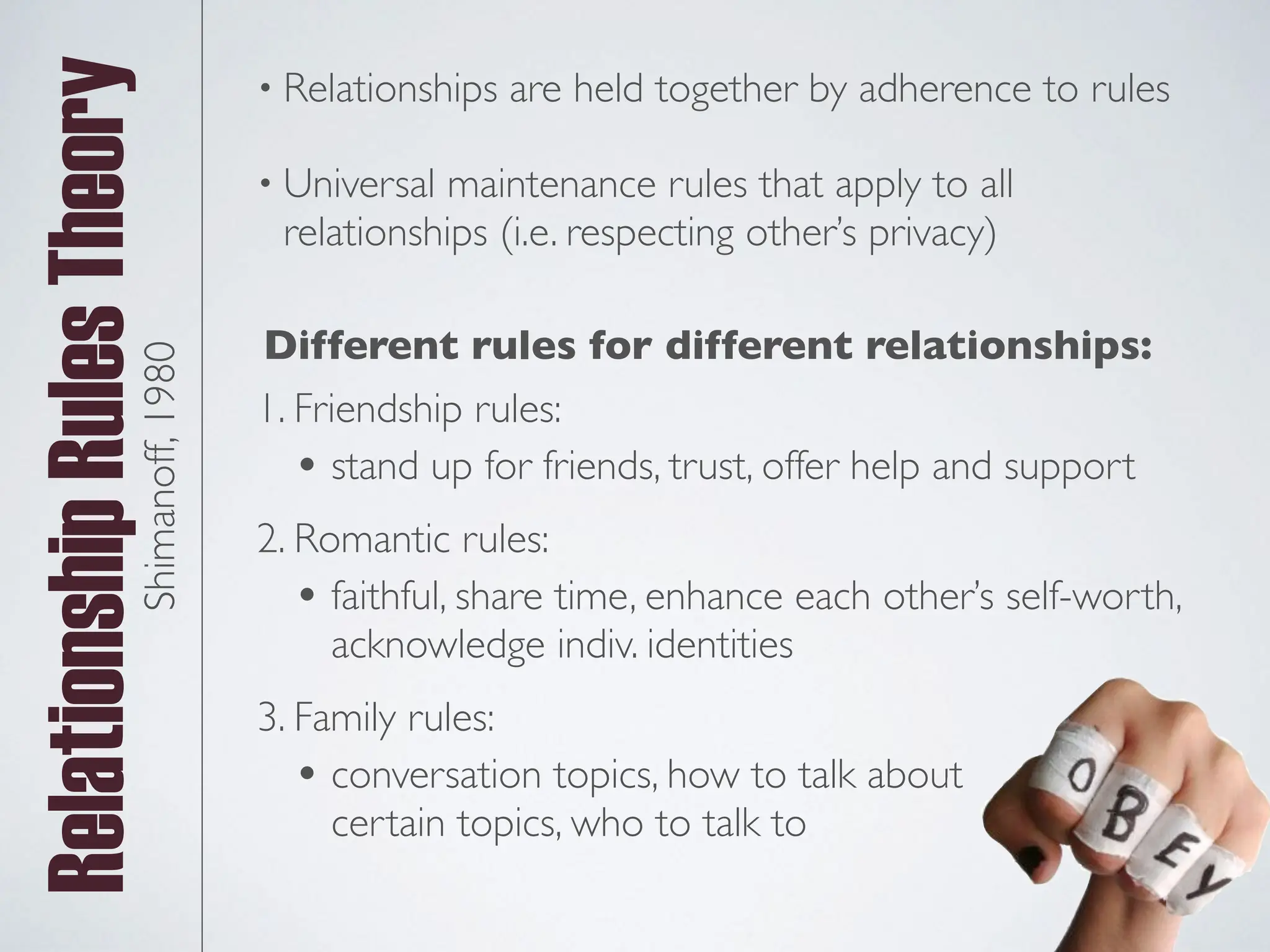 • Relationships are held together by adherence to rules
• Universal maintenance rules that apply to all
relationships (i.e. respecting other’s privacy)
Relationship
Rules
TheoryShimanoff,
1980
1. Friendship rules:
• stand up for friends, trust, offer help and support
2. Romantic rules:
• faithful, share time, enhance each other’s self-worth,
acknowledge indiv. identities
3. Family rules:
• conversation topics, how to talk about
certain topics, who to talk to
Different rules for different relationships:
 