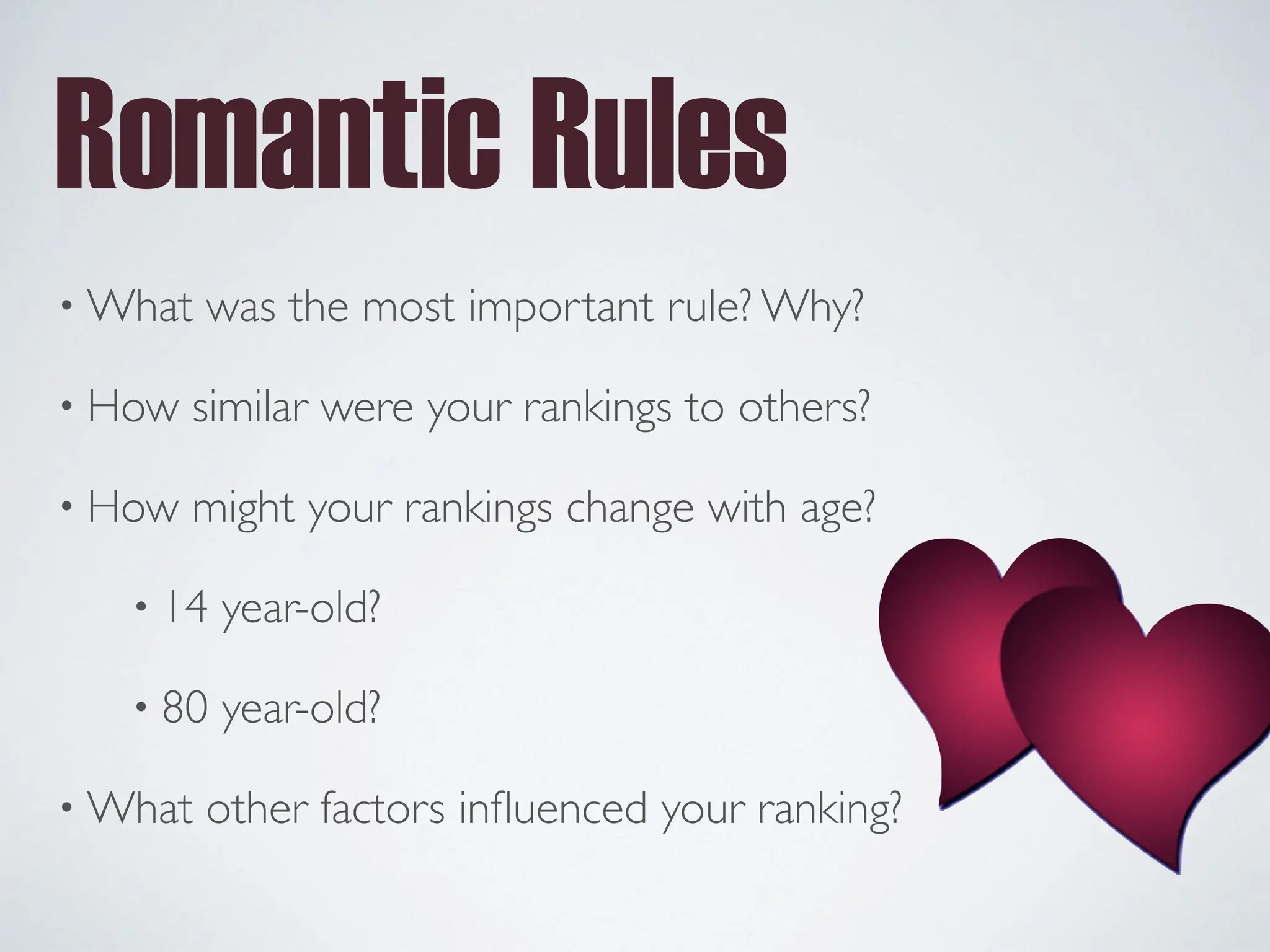 • What was the most important rule? Why?
• How similar were your rankings to others?
• How might your rankings change with age?
• 14 year-old?
• 80 year-old?
• What other factors in
fl
uenced your ranking?
Romantic Rules
 
