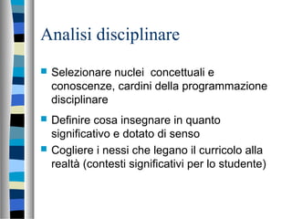 Analisi disciplinare
 Selezionare nuclei concettuali e
conoscenze, cardini della programmazione
disciplinare
 Definire cosa insegnare in quanto
significativo e dotato di senso
 Cogliere i nessi che legano il curricolo alla
realtà (contesti significativi per lo studente)
 