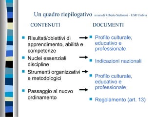 Un quadro riepilogativo a cura di Roberto Stefanoni – USR Umbria
CONTENUTI DOCUMENTI
 Risultati/obiettivi di
apprendimento, abilità e
competenze
 Nuclei essenziali
discipline
 Strumenti organizzativi
e metodologici
 Passaggio al nuovo
ordinamento
 Profilo culturale,
educativo e
professionale
 Indicazioni nazionali
 Profilo culturale,
educativo e
professionale
 Regolamento (art. 13)
 