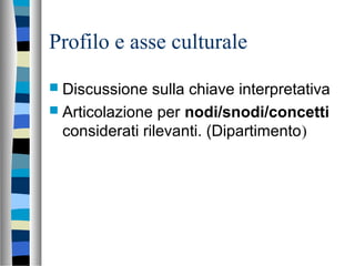 Profilo e asse culturale
 Discussione sulla chiave interpretativa
 Articolazione per nodi/snodi/concetti
considerati rilevanti. (Dipartimento)
 