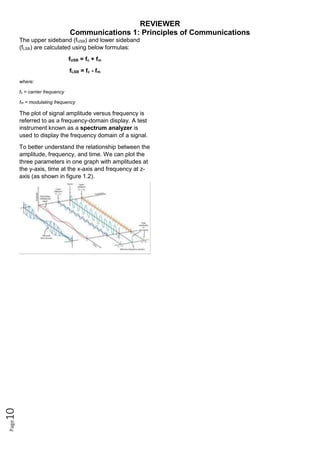 REVIEWER
Communications 1: Principles of Communications
Page
10
The upper sideband (fUSB) and lower sideband
(fLSB) are calculated using below formulas:
fUSB = fc + fm
fLSB = fc - fm
where:
fc = carrier frequency
fm = modulating frequency
The plot of signal amplitude versus frequency is
referred to as a frequency-domain display. A test
instrument known as a spectrum analyzer is
used to display the frequency domain of a signal.
To better understand the relationship between the
amplitude, frequency, and time. We can plot the
three parameters in one graph with amplitudes at
the y-axis, time at the x-axis and frequency at z-
axis (as shown in figure 1.2).
 