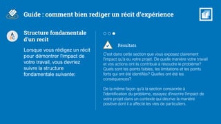 Résultats
C'est dans cette section que vous exposez clairement
l'impact qu'a eu votre projet. De quelle manière votre travail
et vos actions ont ils contribué à résoudre le problème?
Quels sont les points faibles, les limitations et les points
forts qui ont été identifiés? Quelles ont été les
conséquences?
De la même façon qu'à la section consacrée à
l'identification du problème, essayez d'inscrire l'impact de
votre projet dans un contexte qui décrive la manière
positive dont il a affecté les vies de particuliers.
Guide : comment bien rediger un récit d’expérience
A
BC
Structure fondamentale
d'un recit
Lorsque vous rédigez un récit
pour démontrer l'impact de
votre travail, vous devriez
suivre la structure
fondamentale suivante:
 