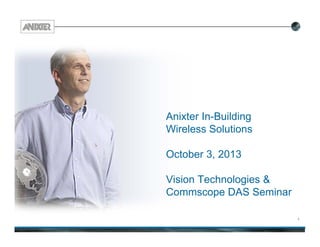 1
Anixter In-Building
Wireless Solutions
October 3, 2013
Vision Technologies &
Commscope DAS Seminar
 
