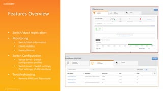 Features Overview
• Switch/stack registration
• Monitoring
• Switch/stack information
• Client visibility
• Events/Alarms
• Switch Configuration
• Venue level – Switch
configuration profiles
• Switch level – Switch settings,
Port settings, VLAN Interfaces
• Troubleshooting
• Remote PING and Traceroute
© 2020 CommScope, Inc22
 
