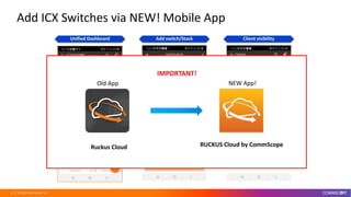 © 2020 CommScope, Inc.24
Add ICX Switches via NEW! Mobile App
Unified Dashboard Add switch/Stack Client visibility
IMPORTANT!
Ruckus Cloud RUCKUS Cloud by CommScope
Old App NEW App!
 