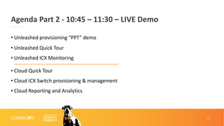 34
Agenda Part 2 - 10:45 – 11:30 – LIVE Demo
• Unleashed provisioning “PPT” demo
• Unleashed Quick Tour
• Unleashed ICX Monitoring
• Cloud Quick Tour
• Cloud ICX Switch provisioning & management
• Cloud Reporting and Analytics
 