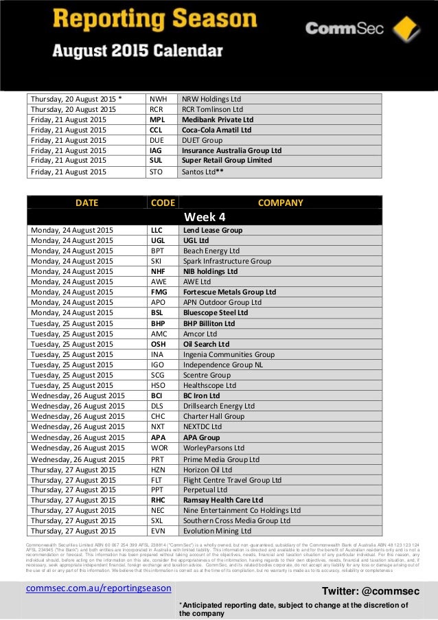 CommSec's August 2015 Reporting Season Calendar