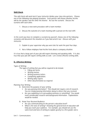 Unit 1 - Communications Lesson 1 7
Skill Check
This skill check will work best if your instructor divides your class into partners. Choose
one of the following role-playing situations. Each partner will choose whether he/she
will be the speaker and the other the listener. Act out the scenario. Discuss the
scenario with each other.
1. Discuss a new work procedure with a team member.
2. Discuss the outcome of a team meeting with a person on the next shift.
In the event you have to complete a scenario by yourself, choose one of the following
scenarios and document the situation as if you had acted it out. Discuss with your
instructor.
3. Explain to your supervisor why you were late for work the past four days.
4. Ask a fellow employee how he/she feels about a company situation.
It is true that a large part of your job will require listening and speaking skills. It is also
true that your job will require writing skills as well. Let’s review effective writing skills.
D. Effective Writing:
Types of Writing:
The types of writing that you will be required to do include:
• Filling out forms
• Writing memos
• Writing business letters
• Completing applications
• Writing daily reports
• Other documentation as required
Planning Your Writing:
A. Determine the purpose of your writing
• Are you passing information? This should not require a lot of research.
You are simply passing information along to others that you received.
• Are you explaining to or persuading someone or something? You would
need considerable research and background information. Explanations
would be needed.
B. Know Your Receiver/Audience
• Are you communicating on the person’s education level?
• What is the tone of writing? Knowing the general level of education will
help you reach your audience. For example, you should not use the
same level and tone of writing to explain gravity to a first grader and a
 