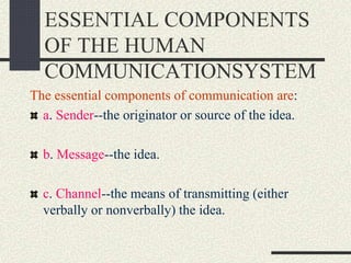ESSENTIAL COMPONENTS
OF THE HUMAN
COMMUNICATIONSYSTEM
The essential components of communication are:
a. Sender--the originator or source of the idea.
b. Message--the idea.
c. Channel--the means of transmitting (either
verbally or nonverbally) the idea.
 