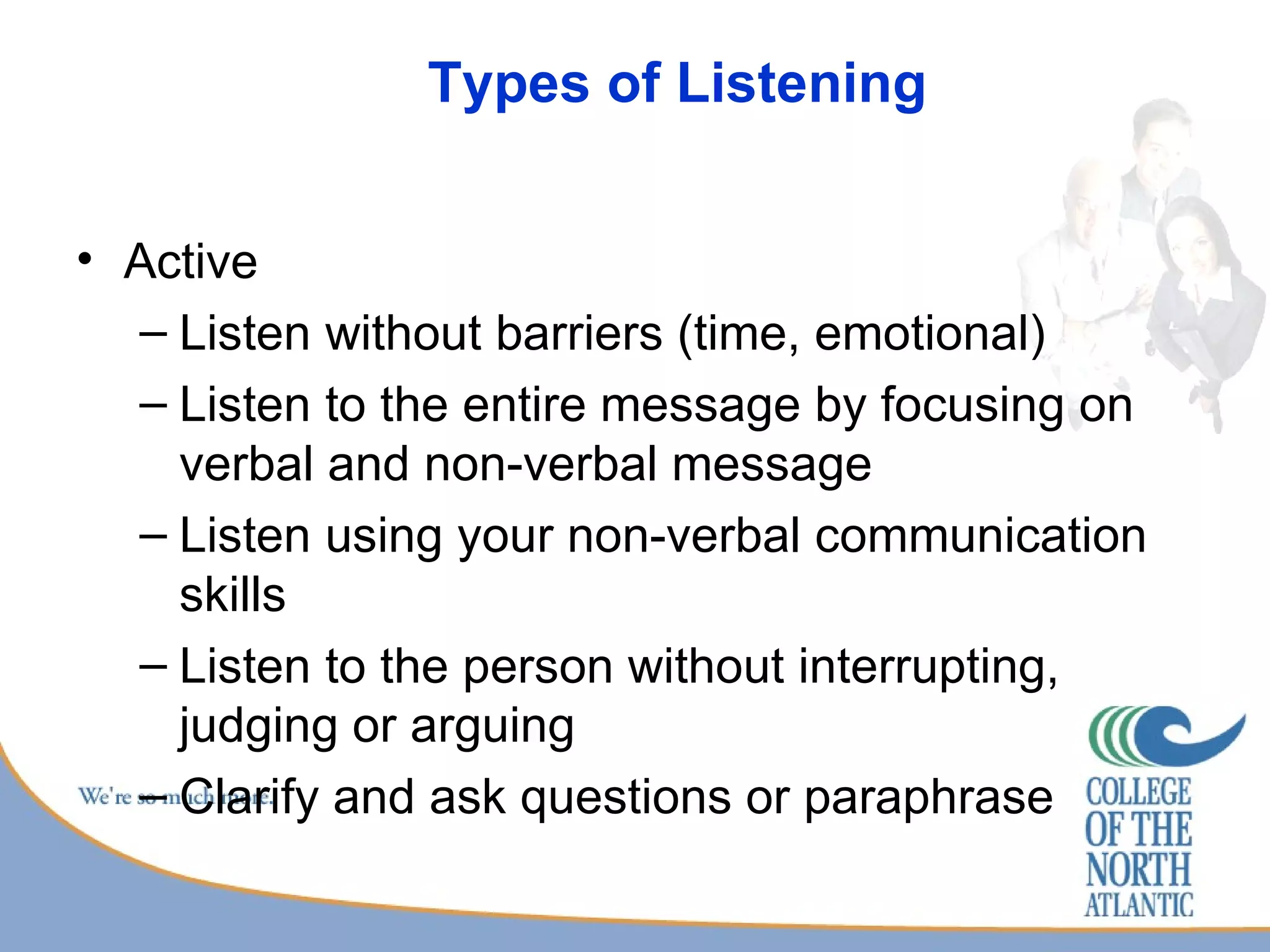 Types of Listening Active Listen without barriers (time, emotional) Listen to the entire message by focusing on verbal and non-verbal message Listen using your non-verbal communication skills Listen to the person without interrupting, judging or arguing Clarify and ask questions or paraphrase 