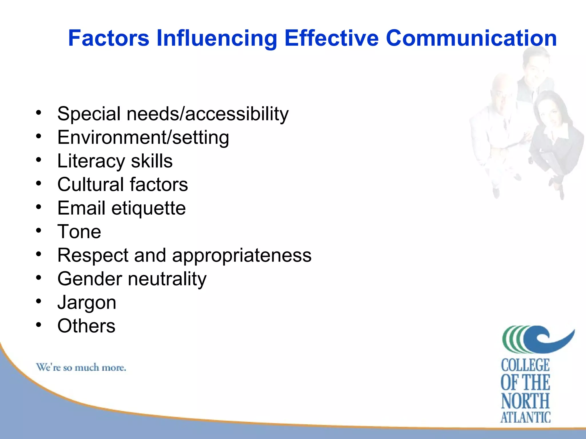 Factors Influencing Effective Communication Special needs/accessibility Environment/setting Literacy skills Cultural factors Email etiquette Tone Respect and appropriateness Gender neutrality Jargon Others  