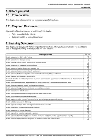 Communications skills for Doctors, Pharmacists & Nurses
Introduction
Robin Beaumont robin@organplayers.co.uk 14/01/2012 D:web_sites_mineHIcourseweb newcommsbasicscomms_skills_intro.docx Page 3 of 30
1. Before you start
1.1 Prerequisites
This chapter does not assume that you possess any specific knowledge.
1.2 Required Resources
You need the following resources to work through this chapter:
• Active connection to the internet
• Optional the ability to print out this chapter
2. Learning Outcomes
This chapter provides you with the following skills and knowledge. After you have completed it you should come
back to these points, ticking off those you feel you have achieved.
Learning outcome Tick box
Be able to describe the “5 Ws and H” criteria 
Be able to describe the ‘dialogue’ concept 
Be able to identify possible barriers and enhancers to communication 
Be able to describe the three levels of communication 
Be able to describe how the above criteria relates to you 
Be able to discuss the communication beliefs questionnaire 
Be able to discuss the Personal Report of Communication Apprehension (PRCA) questionnaire 
Be able to explain what immediacy behaviours are 
Be able to describe the relationship between a person’s communication apprehension and their belief as to the importance of
communication 
Be able to give a brief description of the treatments for those suffering high Communication Apprehension levels 
Be able to discuss the various types of non-verbal communication 
Be able to discuss the significance and nature of non-verbal communication 
Be able to describe the SOLAR stance 
Be able to recognise appropriate and inappropriate non-verbal communication 
Be able to recognise inappropriate verbal responses 
Be able to put one’s self in the mid of a person who has received a inappropriate verbal response 
Be able to list the various levels of listening 
Be able to provide examples of the various general responses one can make 
Be able to respond to a closed question with an open one 
Be able to describe the concept of empathy 
Be able to provide an empathic response to a question 
Be able to discuss the relationship between emotional Intelligence and Communication apprehension and empathy 
Be able to discuss the importance of recognising the emotional content of all communication 
 