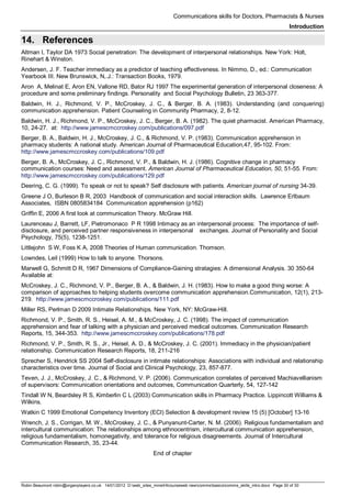 Communications skills for Doctors, Pharmacists & Nurses
Introduction
Robin Beaumont robin@organplayers.co.uk 14/01/2012 D:web_sites_mineHIcourseweb newcommsbasicscomms_skills_intro.docx Page 30 of 30
14. References
Altman I, Taylor DA 1973 Social penetration: The development of interpersonal relationships. New York: Holt,
Rinehart & Winston.
Andersen, J. F. Teacher immediacy as a predictor of teaching effectiveness. In Nimmo, D., ed.: Communication
Yearbook III. New Brunswick, N,.J.: Transaction Books, 1979.
Aron A, Melinat E, Aron EN, Vallone RD, Bator RJ 1997 The experimental generation of interpersonal closeness: A
procedure and some preliminary findings. Personality and Social Psychology Bulletin, 23 363-377.
Baldwin, H. J., Richmond, V. P., McCroskey, J. C., & Berger, B. A. (1983). Understanding (and conquering)
communication apprehension. Patient Counseling in Community Pharmacy, 2, 8-12.
Baldwin, H. J., Richmond, V. P., McCroskey, J. C., Berger, B. A. (1982). The quiet pharmacist. American Pharmacy,
10, 24-27. at: http://www.jamescmccroskey.com/publications/097.pdf
Berger, B. A., Baldwin, H. J., McCroskey, J. C., & Richmond, V. P. (1983). Communication apprehension in
pharmacy students: A national study. American Journal of Pharmaceutical Education,47, 95-102. From:
http://www.jamescmccroskey.com/publications/109.pdf
Berger, B. A., McCroskey, J. C., Richmond, V. P., & Baldwin, H. J. (1986). Cognitive change in pharmacy
communication courses: Need and assessment. American Journal of Pharmaceutical Education, 50, 51-55. From:
http://www.jamescmccroskey.com/publications/129.pdf
Deering, C. G. (1999). To speak or not to speak? Self disclosure with patients. American journal of nursing 34-39.
Greene J O, Burleson B R, 2003 Handbook of communication and social interaction skills. Lawrence Erlbaum
Associates, ISBN 0805834184 Communication apprehension (p162)
Griffin E, 2006 A first look at communication Theory. McGraw Hill.
Laurenceau J, Barrett, LF, Pietromonaco P R 1998 Intimacy as an interpersonal process: The importance of self-
disclosure, and perceived partner responsiveness in interpersonal exchanges. Journal of Personality and Social
Psychology, 75(5), 1238-1251.
Littlejohn S W, Foss K A, 2008 Theories of Human communication. Thomson.
Lowndes, Leil (1999) How to talk to anyone. Thorsons.
Marwell G, Schmitt D R, 1967 Dimensions of Compliance-Gaining stratagies: A dimensional Analysis. 30 350-64
Available at:
McCroskey, J. C., Richmond, V. P., Berger, B. A., & Baldwin, J. H. (1983). How to make a good thing worse: A
comparison of approaches to helping students overcome communication apprehension.Communication, 12(1), 213-
219. http://www.jamescmccroskey.com/publications/111.pdf
Miller RS, Perlman D 2009 Intimate Relationships. New York, NY: McGraw-Hill.
Richmond, V. P., Smith, R. S., Heisel, A. M., & McCroskey, J. C. (1998). The impact of communication
apprehension and fear of talking with a physician and perceived medical outcomes. Communication Research
Reports, 15, 344-353. http://www.jamescmccroskey.com/publications/178.pdf
Richmond, V. P., Smith, R. S., Jr., Heisel, A. D., & McCroskey, J. C. (2001). Immediacy in the physician/patient
relationship. Communication Research Reports, 18, 211-216
Sprecher S, Hendrick SS 2004 Self-disclosure in intimate relationships: Associations with individual and relationship
characteristics over time. Journal of Social and Clinical Psychology, 23, 857-877.
Teven, J. J., McCroskey, J. C., & Richmond, V. P. (2006). Communication correlates of perceived Machiavellianism
of supervisors: Communication orientations and outcomes, Communication Quarterly, 54, 127-142
Tindall W N, Beardsley R S, Kimberlin C L (2003) Communication skills in Pharmacy Practice. Lippincott Williams &
Wilkins.
Watkin C 1999 Emotional Competency Inventory (ECI) Selection & development review 15 (5) [October] 13-16
Wrench, J. S., Corrigan, M. W., McCroskey, J. C., & Punyanunt-Carter, N. M. (2006). Religious fundamentalism and
intercultural communication: The relationships among ethnocentrism, intercultural communication apprehension,
religious fundamentalism, homonegativity, and tolerance for religious disagreements. Journal of Intercultural
Communication Research, 35, 23-44.
End of chapter
 
