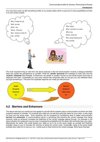 Communications skills for Doctors, Pharmacists & Nurses
Introduction
Robin Beaumont robin@organplayers.co.uk 14/01/2012 D:web_sites_mineHIcourseweb newcommsbasicscomms_skills_intro.docx Page 6 of 30
You may have come up with something similar to my answer below which is just one of many possibilities as there
is no one correct answer.
The most important thing to note from the above exercise is that all communication involves a dialogue therefore
there are usually two perspectives to consider. What the ‘sender’ perceives the message to mean and how the
‘receiver’ interprets that message. Furthermore, the sender is usually a human so one would expect some type of
response from them. Incidentally you may have noticed that computers often do not give you any feedback when
you type something in. The lack of an expected response can make you feel anxious!
4.2 Barriers and Enhancers
The above exercise you carried out may appear to provide all the answers about communication but there are other
important aspects to consider. For example why might you not ask that particular waiter for your order, or why might
he bring you the wrong order. Such questions can be answered by considering what is called communication
barriers and enhancers. A communications barrier is something that prevents the correct message from being
received, while an enhancer increases the likelihood of the correct message getting through. For example in the
above situation the restaurant may be noisy increasing the probability that the waiter will incorrectly hear your order,
alternatively the waiter may kneel beside your table so as to be at the same height as yourself and therefore
probably closer to you to increase the chances of taking the correct order. Incidentally, being at the same height
probably also helps him to see you non –verbal clues to help reinforce the verbal message. More about that later.
Why: to keep the job
What, serving
When, now
Where, Allies bar
Who, female at table 34
How. verbally
Why: hungry
What, chocolate ice cream
When, now
Where, Allies bar
Who, young looking waiter
How, verbally
Sender
Perception
Intentions
etc
Reciever
Interprets
Takes action
etc
 