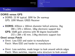 Main Dish
                                      Permanent Payload
                           GEO Bird
                                      TT&C
                                SV
                                      C&DH
                                      Software


 Trades
DORIS versus GPS
  DORIS: 23 W typical, 30W for 2hr warmup
  GPS: 10W Mosaic GNSS Receiver

  DORIS: 420mm x 160mm diameter helical antenna, 2kg
        390 x 370 x 165mm, 18kg electronic support box
  GPS: 10dB gain antenna with 40 degree beamwidth
        272 x 284 x 92 mm, 3.9kg electronic support box
Omni versus Patch
  Omni: Less ESD and easier to manufacture
  Patch: More ESD and harder to manufacture

   Omni: Less switches, made longer to look around vehicle edges
   Patch: More switches, requires extra structure to look around
                                      Comms Slides Boeing
 