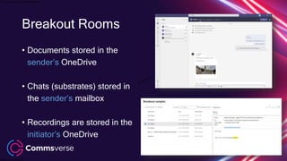 This presentation is confidential.
Classified as Confidential
Breakout Rooms
• Documents stored in the
sender’s OneDrive
• Chats (substrates) stored in
the sender’s mailbox
• Recordings are stored in the
initiator’s OneDrive
 