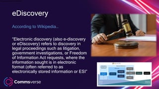 This presentation is confidential.
Classified as Confidential
eDiscovery
According to Wikipedia…
“Electronic discovery (also e-discovery
or eDiscovery) refers to discovery in
legal proceedings such as litigation,
government investigations, or Freedom
of Information Act requests, where the
information sought is in electronic
format (often referred to as
electronically stored information or ESI”
 