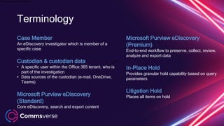 This presentation is confidential.
Classified as Confidential
Terminology
Case Member
An eDiscovery investigator which is member of a
specific case
Custodian & custodian data
• A specific user within the Office 365 tenant, who is
part of the investigation
• Data sources of the custodian (e-mail, OneDrive,
Teams)
Microsoft Purview eDiscovery
(Standard)
Core eDiscovery, search and export content
Microsoft Purview eDiscovery
(Premium)
End-to-end workflow to preserve, collect, review,
analyze and export data
In-Place Hold
Provides granular hold capability based on query
parameters
Litigation Hold
Places all items on hold
 